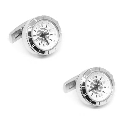 Round Silver Carbon Fibre Working Watch Clock Cufflinks