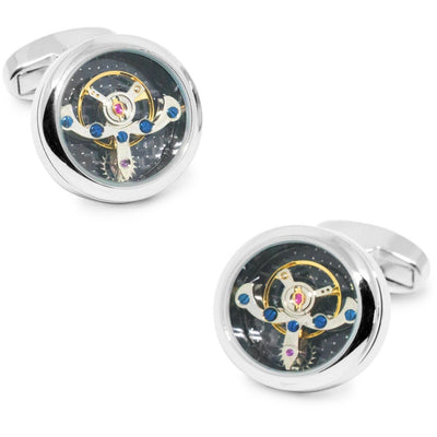 Tourbillon Watch Movement Cufflinks in Silver with Black Face