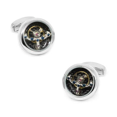 Tourbillon Watch Movement Cufflinks in Silver with Black Face