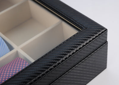 Carbon Fibre Leather Tie Box for 12, Tie Storage Box, Storage Boxes, CB5019, Cuffed, Clinks, Clinks Australia