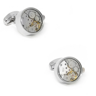 Working Watch Movement Steampunk Cufflinks Silver