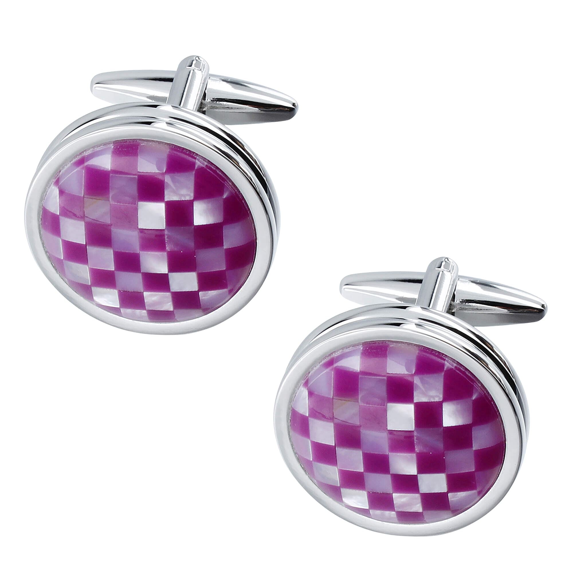 Mother of Pearl and Purple Checkerboard in Round Silver Cufflinks Classic & Modern Cufflinks Clinks Australia 